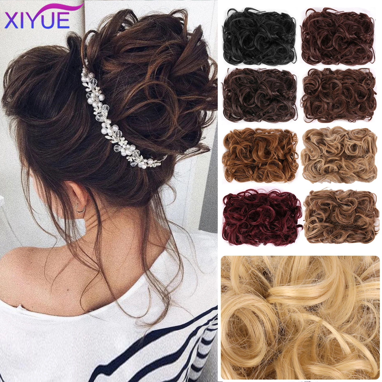 Bride Messy Hair Bun Clip In Curly Hair Extension Synthetic Hair Pieces Chignon Women Updo Cover Hairpiece Extension Hair Bun
