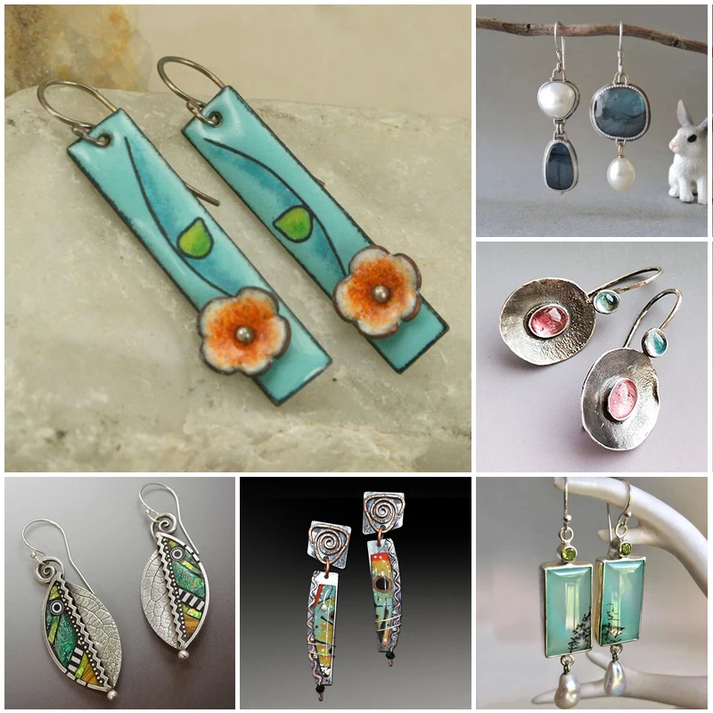 Bohemian Painted Leaf Flower Blue Earrings for Women Tribal Jewelry Handmade Vintage Crystal Dangle Earring Pendientes | Украшения и