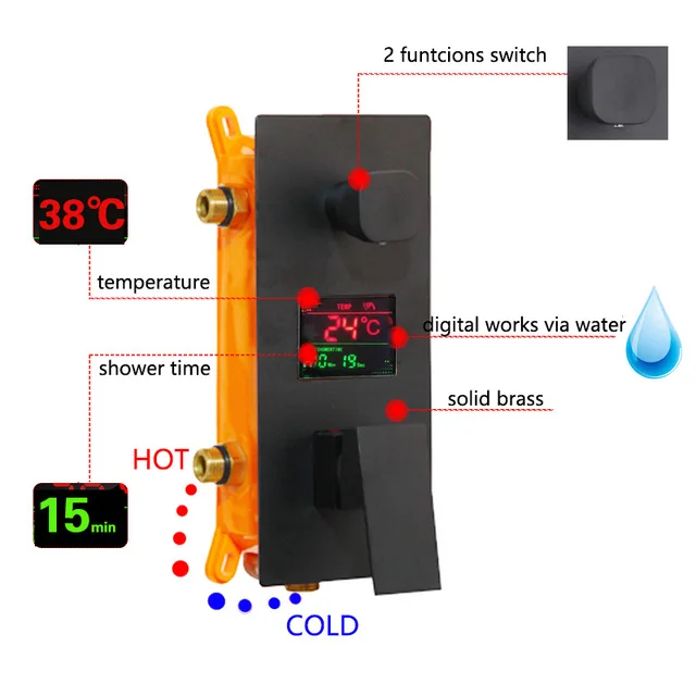 KEMAIDI черный латунный СВЕТОДИОДНЫЙ смеситель для душа с цифровым дисплеем, смеситель для ванной комнаты, смеситель для душа, 3 функции, набор цифровых душевых смесителей - Цвет: 2 ways display valve