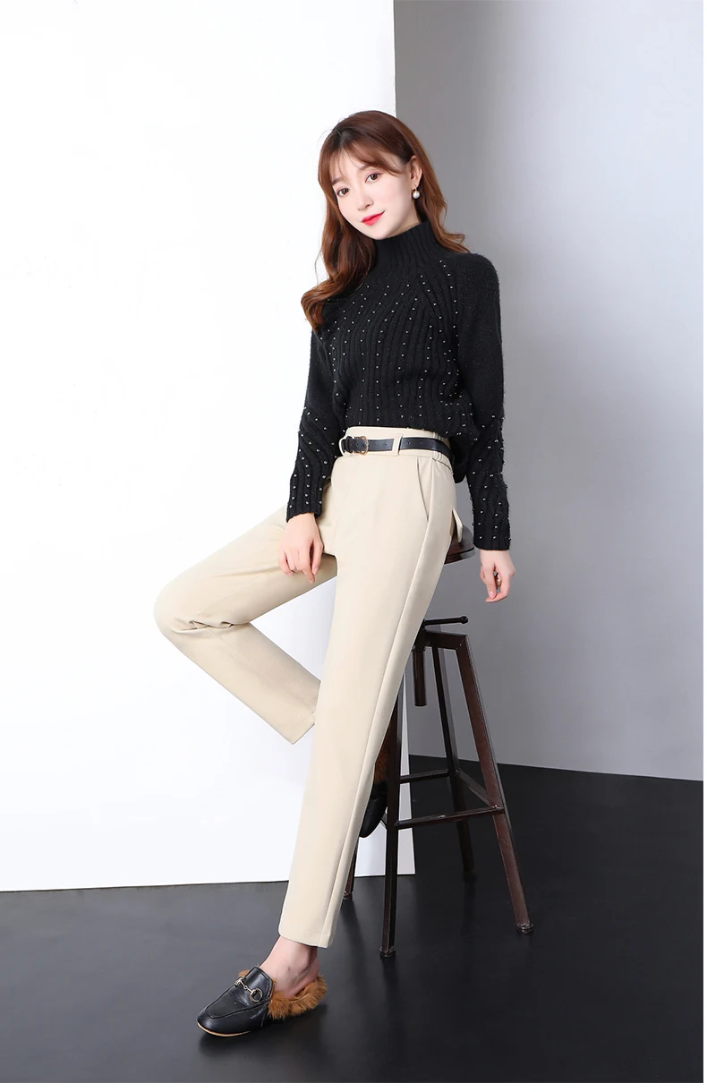 Winter Wool Pants Women Korean High Waist Belted Harem Trousers Female Elegant Autumn Warm Long Work Office Pants Plus Size