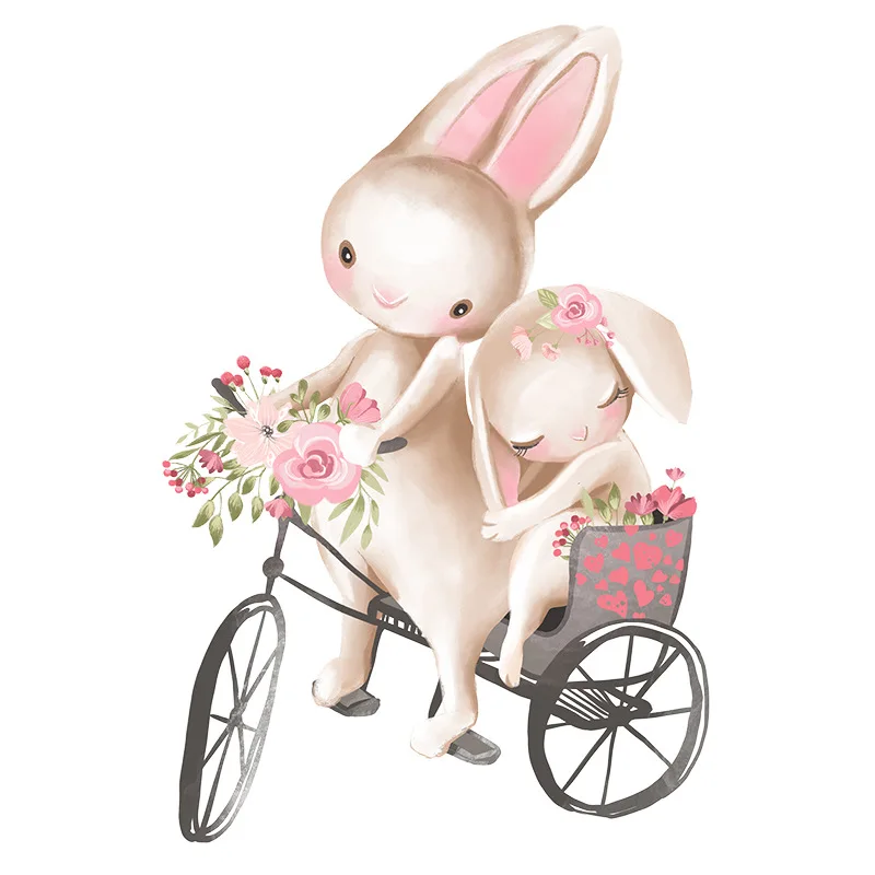 Cute Rabbit Cycling Couple Wall Stickers Children's Room Baby Room Decoration Stickers Girls Bedroom Wall Stickers