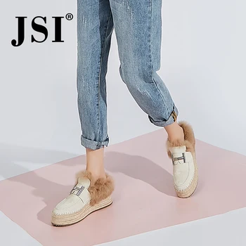 

JSI Women Shoes Round Toe Genuine Leather Solid Slip-On Casual Ladies Shoes Winter Fur Loafers Chunky Platform Women Shoes jo338