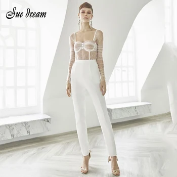 

2020 Autumn New Women'S Fashion Mesh Sexy Slim Temperament Dot Long-Sleeved Jumpsuit Bodycon Club Party Jumpsuit