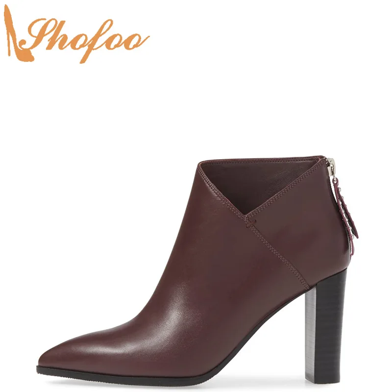 Ботильоны бордового цвета на высоком квадратном каблуке с острым носком; женская обувь на молнии сзади; большие размеры 14-16; женские модные ...