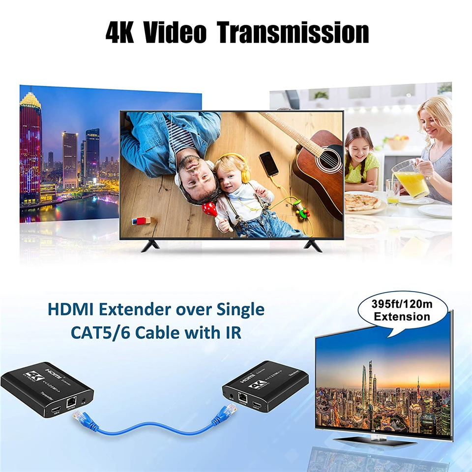 2020 Best 4K HDMI Extender Transmitter Receiver Over Cat5e/Cat6 RJ45 Ports HDMI Extender Loop 120m