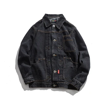 

2020 new Japanese style black solid color men's tooling jacket casual fashion lapel denim jacket