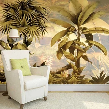 

Custom Self-Adhesive Waterproof Wallpaper 3D Retro Southeast Asian Style Banana Leaf Oil Painting Fresco Living Room TV Stickers