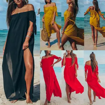 

Women Solid Color Off Shoulder Tied Cuff Side Slitting Chiffon Beach Longed Dresed