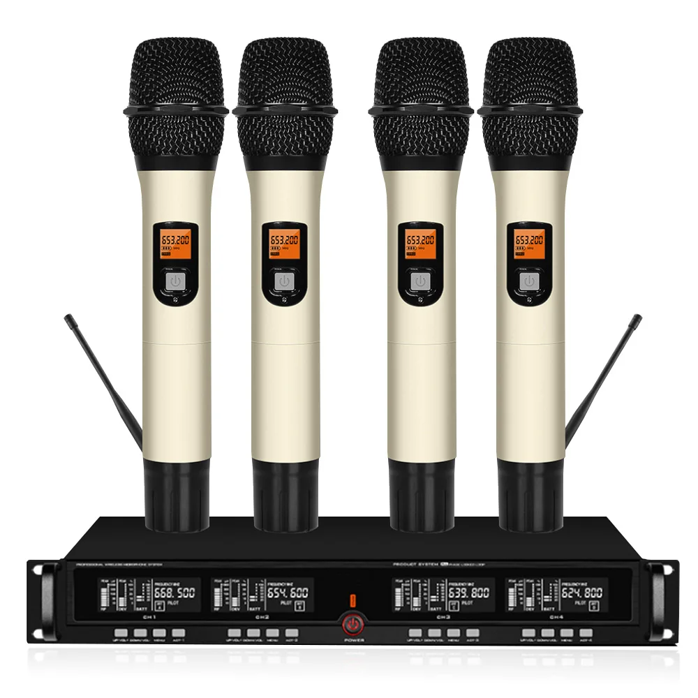 

Top Quality 4 Channel Wireless Microphone System UHF Karaoke System Cordless Four Handheld Microphone Kalaoke Stage Microphone