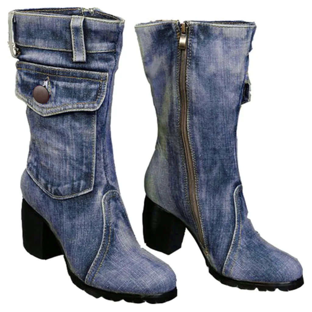Пикантные джинсовые ботинки; женские короткие ботильоны; зимние джинсовые ботинки на среднем каблуке; коллекция года; женские стильные джинсовые ботинки; обувь на молнии в ковбойском стиле