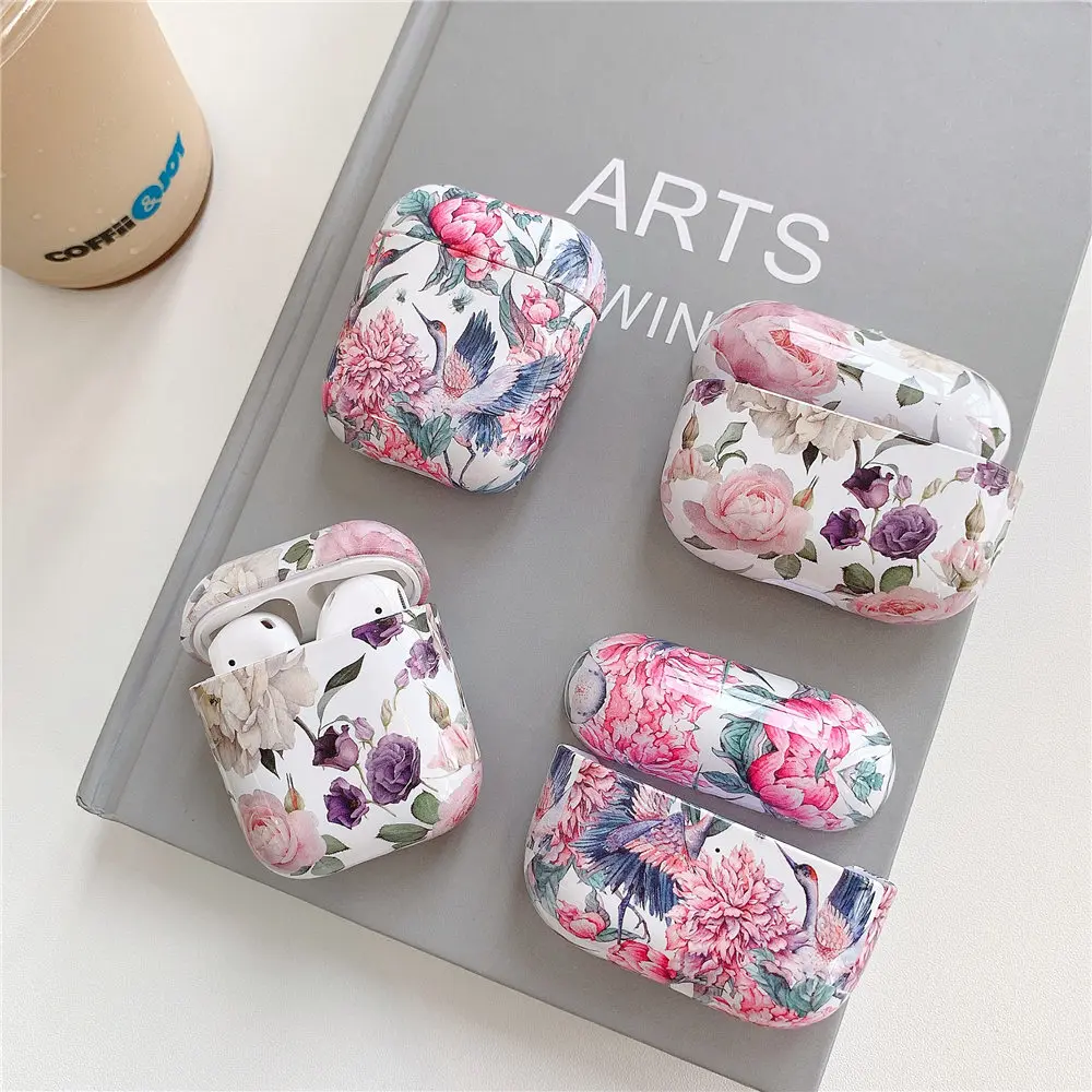 Блестящий чехол с цветочным рисунком для Airpods 1 2 Жесткий ПК ударопрочный зарядки