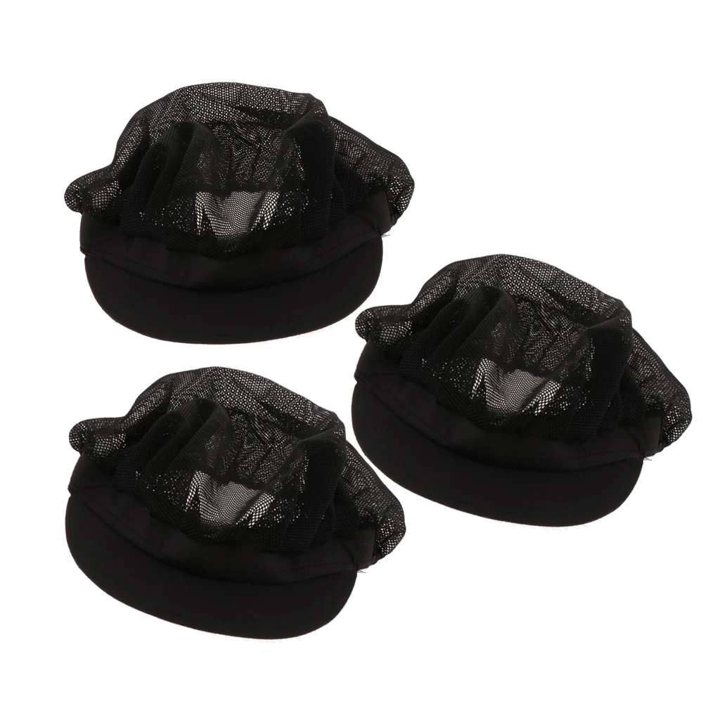 Women Men Chef Mesh Hat with Elastic Band Kitchen Hair Net Catering Cooking Working Breathable Headwear Cap - Black (Pack of 3)