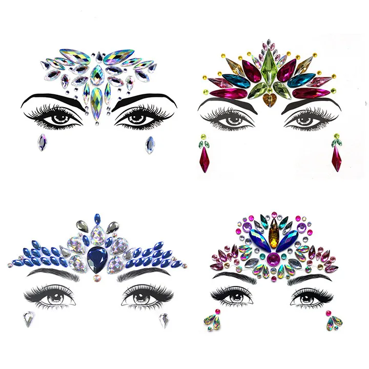 8  4pcs Glitter Face Jewelry Stickers Acrylic Rhinestone Festival Masquerade Party Temporary Tattoo Fashion DIY Jewelry Stickers
