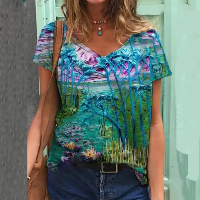 

Women t Shirt V-Neck Short-Sleeved Printed Loose Ladies Shirt 2021 New Summer Outdoor Beach Fashion Casual Comfy Female Outfits