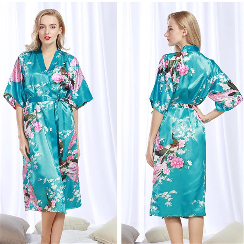 Kimono Japanese Style Women Yukata Peacock Cardigan Floral Print Costume Satin Pajamas Dress Asian Clothes Night Gown Bath Robe