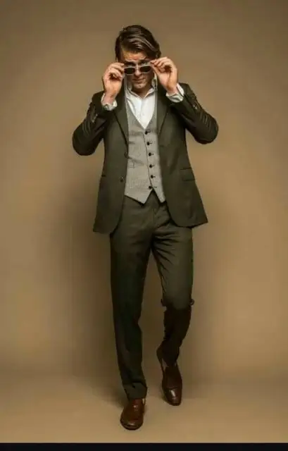 Olive Green Men Suits Set Grey Vest 