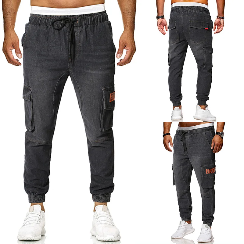 

2019 Four Seasons Versatile Men Casual Jeans Loose-Fit Labeling Multi-pockets Retro Youth Ankle Banded Pants