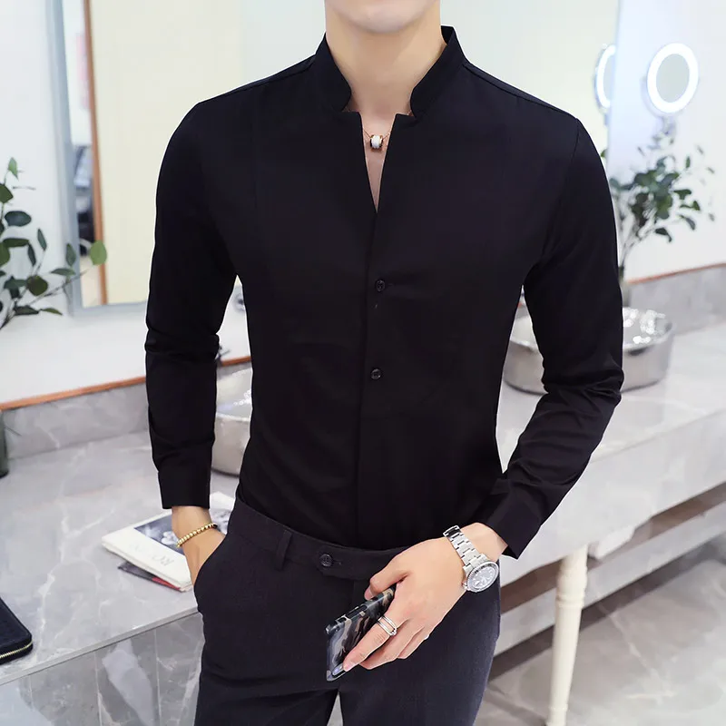 2019 Autumn Men's Stand Collar Casual Shirt Masculina Boutique Long-Sleeved Slim Men's Solid Color Business Dress Shirt Size 5XL 2019 Autumn Men's Stand Collar Casual Shirt Masculina Boutique Long-Sleeved Slim Men's Solid Color Business Dress Shirt Size 5XL