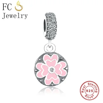 

FC Jewelry Fit Original Brand Charm Bracelet 925 Silver Four-leaf Clover Pink Enamel Love Pendant Bead For Making Berloque DIY