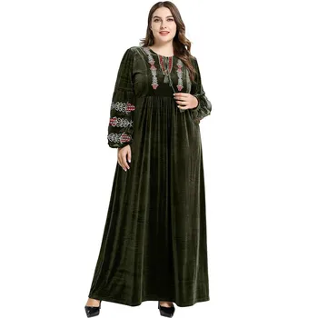 

Plus Size Gold Velvet Dress Women Clothing Elegant Geometric Embroidery Long Sleeve Muslim Robes Big Swing Maxi Dresses TA9087
