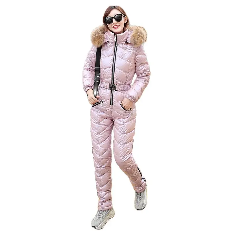 

2023 New Winter Women's Hooded Jumpsuits Parka Cotton Padded Warm Sashes Ski Suit Straight Zipper One Piece Casual Tracksuits