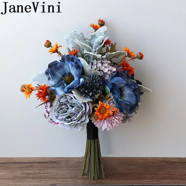 

JaneVini Vintage Deep Blue Bouquet for Brides Bridesmaid Artificial Peony Rose Bridal Silk Flower Small Wedding Bouquet Boeket