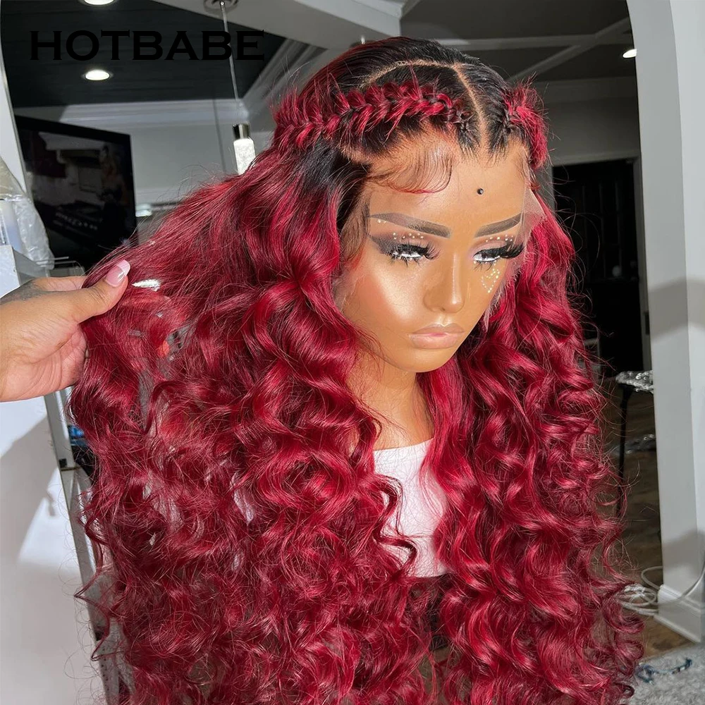 1B 99J 부르고뉴 느슨한 곱슬 웨이브 레이스 정면 가발 브라질 Pre 뽑아 13x6 레이스 프런트가 발 인간의 머리카락 컬러 레이스 클로저가 발