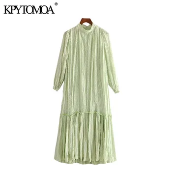 

KPYTOMOA Women 2020 Chic Fashion With Lining Ruffled Maxi Dress Vintage High Collar Three Quarter Sleeve Female Dresses Vestidos