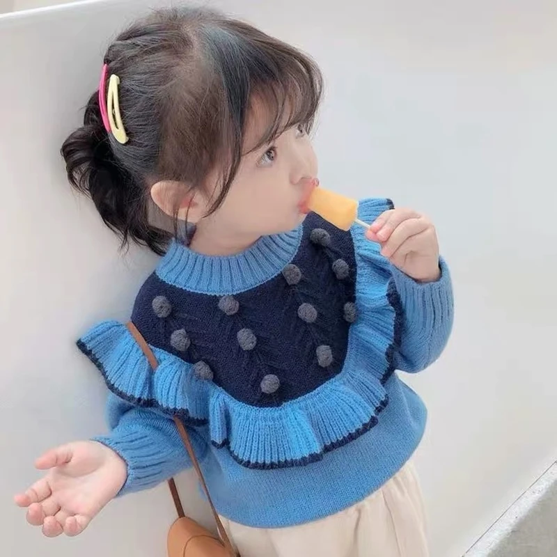 

Autumn and winter girls color matching warm thick sweater sweet and cute girls clothes ruffle knitted sweater