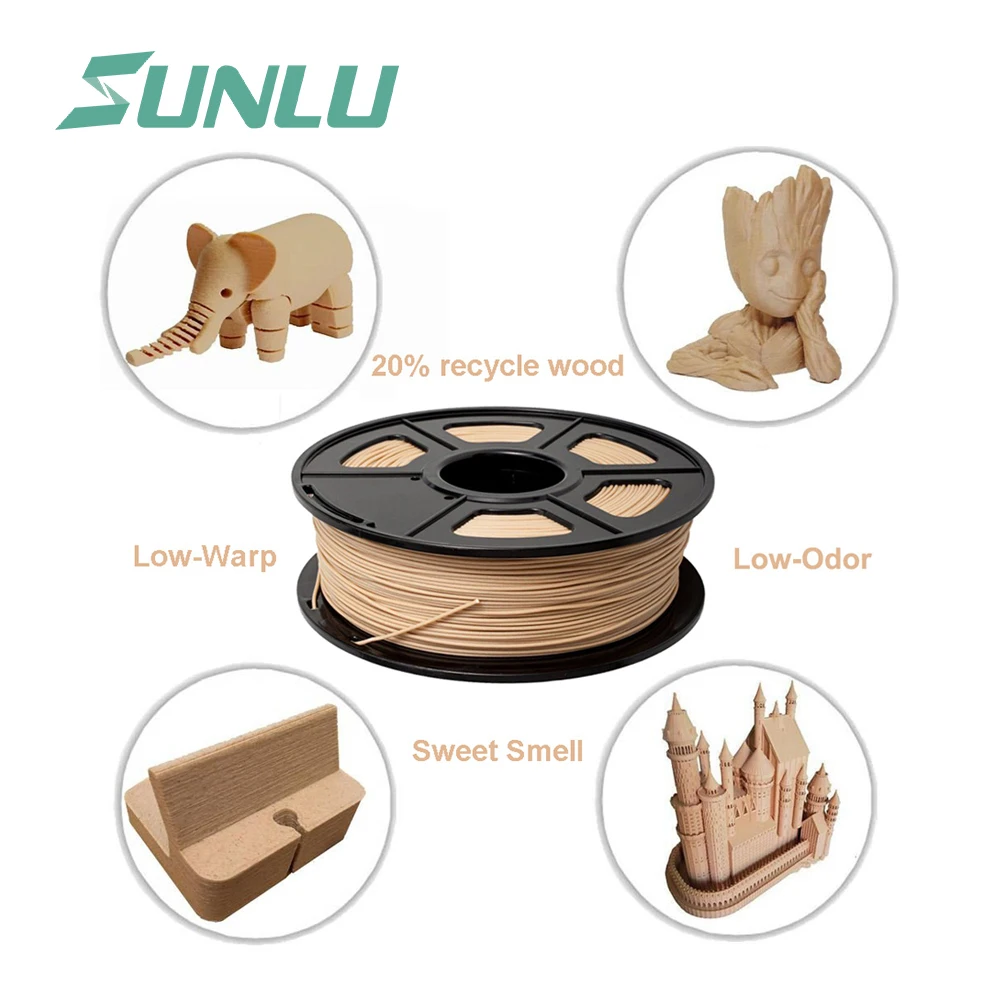 SUNLU волоконная нить для 3d принтера 1,75 мм 1 кг/2.2LB с катушкой, похожей на PLA материал, хорошо подходит для печати с деревянным эффектом