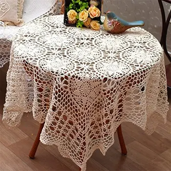 

WINLIFE Floral Table Cover 33.5'' Table Crocheted Square Handmade Cloths Tablecloth Beige