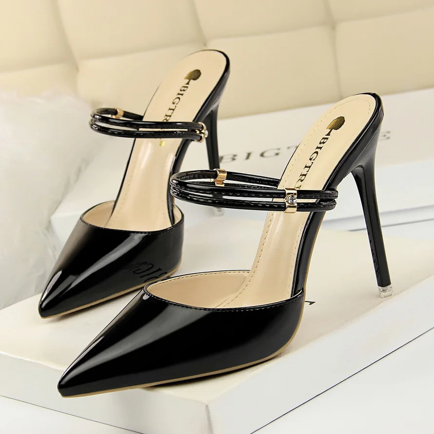 

QSR 10.5CM PUMPS Fashion metal stiletto high heel sexy thin shallow mouth pointed rhinestone buckle word with women's shoes