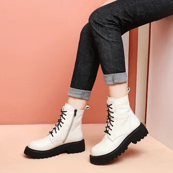 

boots Martin female 2019 qiu dong handsome motorcycle boots head layer cowhide thick bottom lace-up boots in 15195