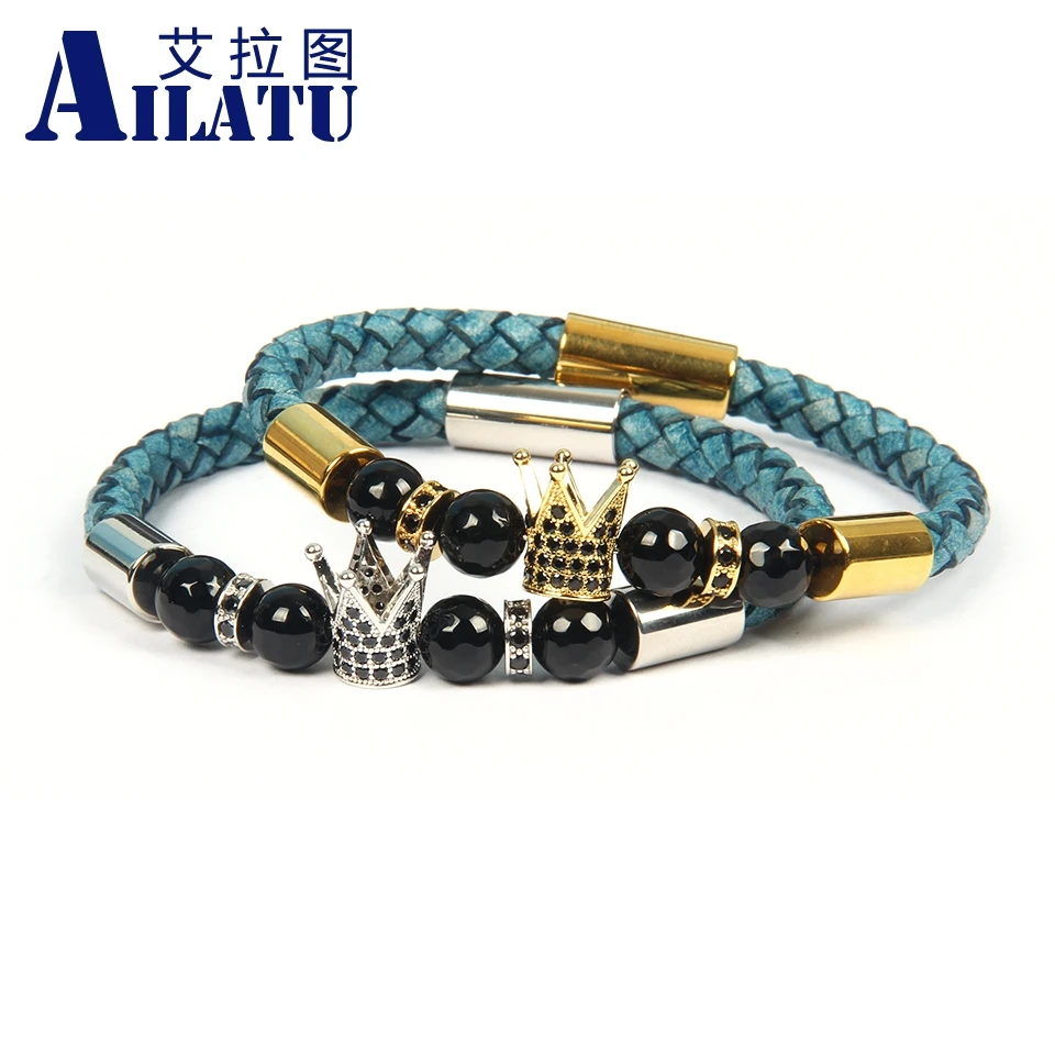 Ailatu Men's New Cz Crown Bracelet Genuine Blue Cowhide Leather Stainless steel Gold Beads Magnetic Clasp Vintage Male Bangle