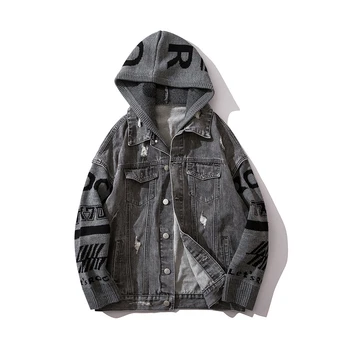 

Korean Ripped Hooded Black Denim Jacket for Men Urban Men's Streetwear Hip Hop Patchwork Hood Sleeves Distressed Jeans Jacket