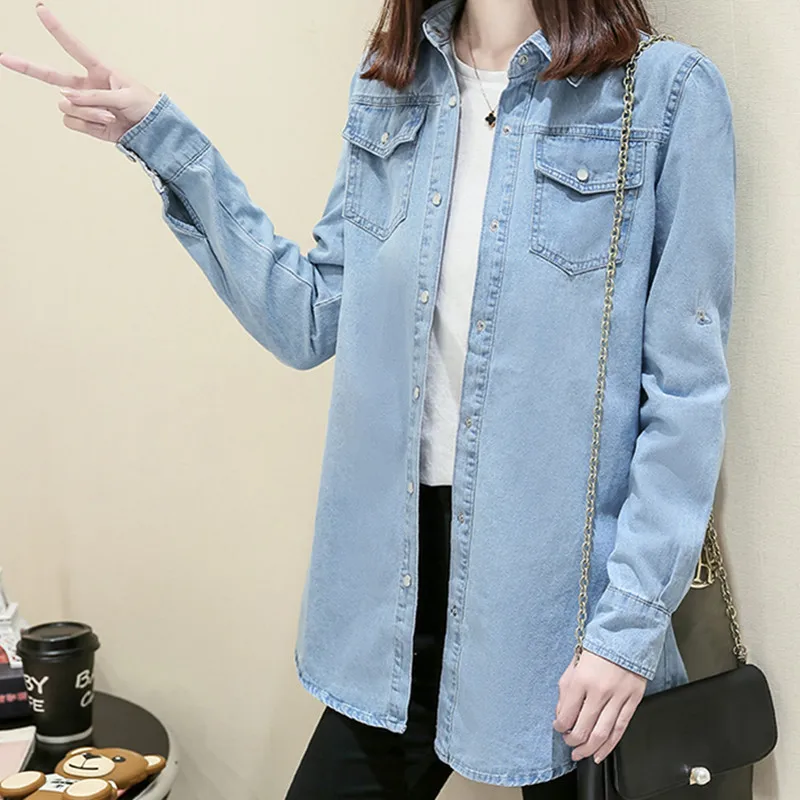 

Women's Denim Jacket Long-sleeved Loose New Spring Summer Thin Section Jacket The Long Coat Female Pocket Ropa Mujer Chaquetas