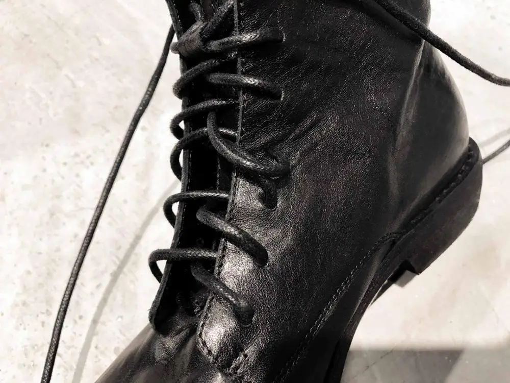 Krazing pot/Высококачественная обувь из натуральной кожи на низком каблуке в Западном и Европейском стиле; зимние сапоги до середины икры на шнуровке с круглым носком; l89