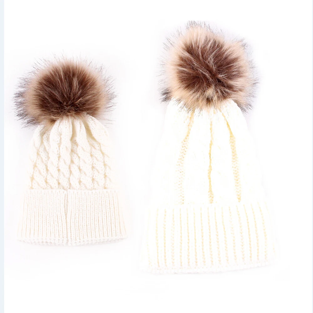Г. Зимняя теплая шерсть для новорожденных девочек и мальчиков, Меховая детская шапка, помпон, детская вязанная хлопковая шапка, шапка для мам, Шапки для малышей 0-36 месяцев - Цвет: Белый