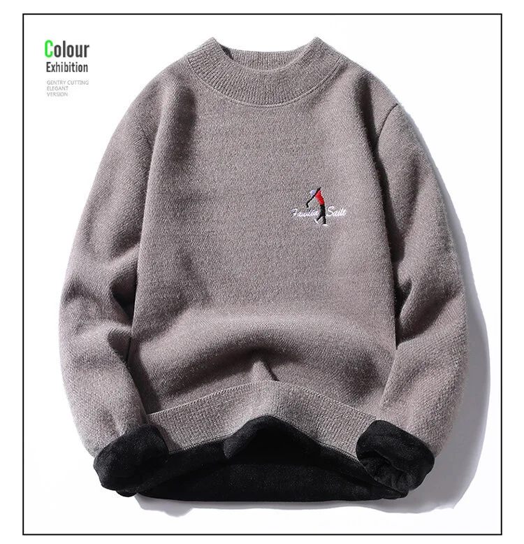 New Autumn Winter Men's Knitted Sweaters Wool Plush Thickened Casual Business Male Mock Neck Pullovers Fashion Streetwear Tops mens cable knit sweater