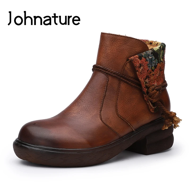 

Johnature 2019 New Autumn Winter Ankle Boots For Women Genuine Leather Round Toe Zipper Sewing Square Heel Platform Women Shoes
