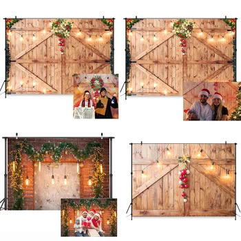 

Rustic Christmas Backdrop Photography Barn Door Merry Xmas Photocall Wood Board Wall Floor Winter Party Background Baby Portrait
