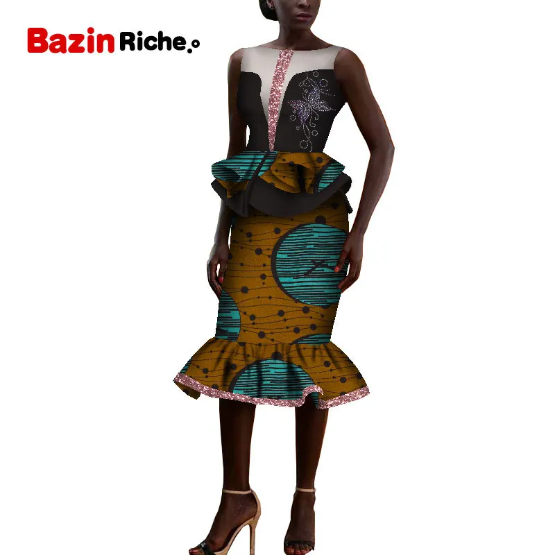 14 Африканская Дашики, одежда, элегантная женская юбка, комплект femme Bazin Riche, хлопок, плюс размер, два предмета, горячая буровая отделка, wy5403 - Цвет: 14