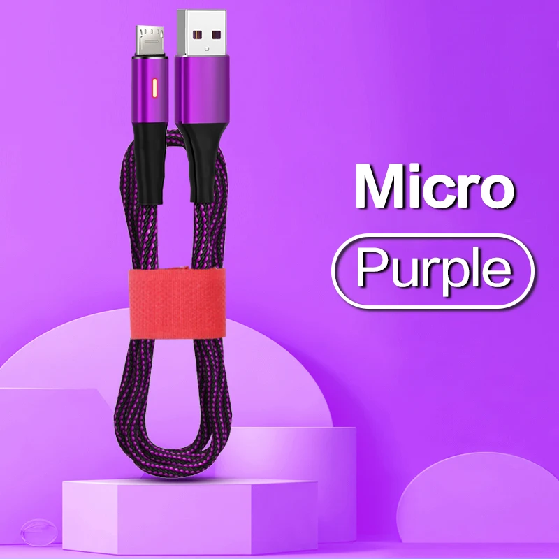 Кабель Micro USB для быстрой зарядки, нейлоновый кабель для зарядки и синхронизации данных для мобильных телефонов, Android, кабель для зарядки samsung iPhone, кабель lightning - Цвет: Micro Purple