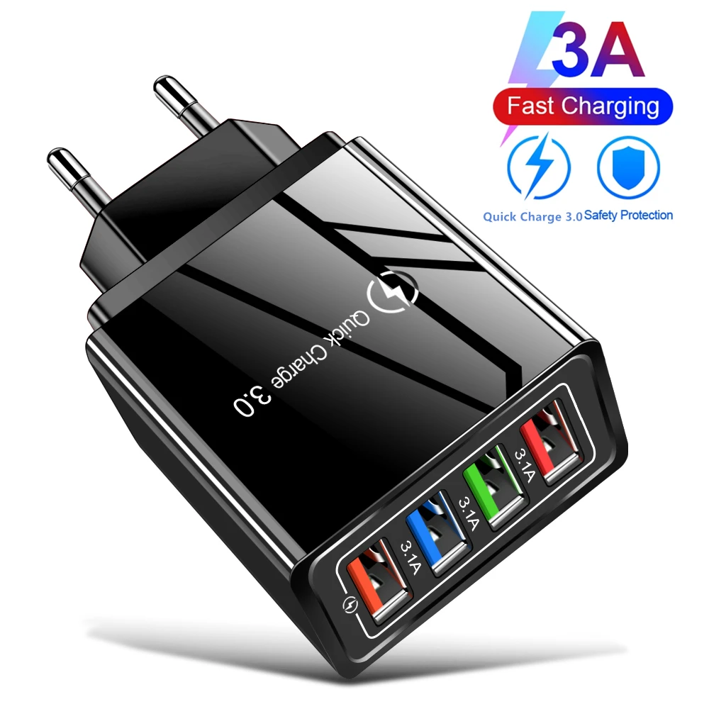 

Quick Charge 3.0 4.0 USB Charger 4 Ports 3.1A QC3.0 Fast Charging EU/US Mobile Phone Chargers for iPhone Samsung Xiaomi Tablet