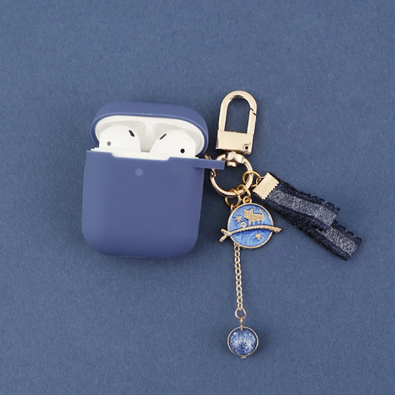 Luxury Cute Moon Cat Girls Key Ring Blue Silicone Case for Apple Airpods Cases Bluetooth Earphone Protective Cover Headset Box