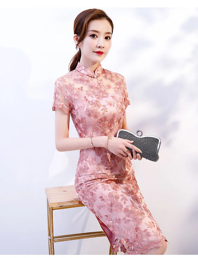 Cheongsam/ г. Весна-лето, стиль, улучшенная молодежная мода, облегающее, повседневное, средней длины, с вышивкой, кружевное, Cheongsa