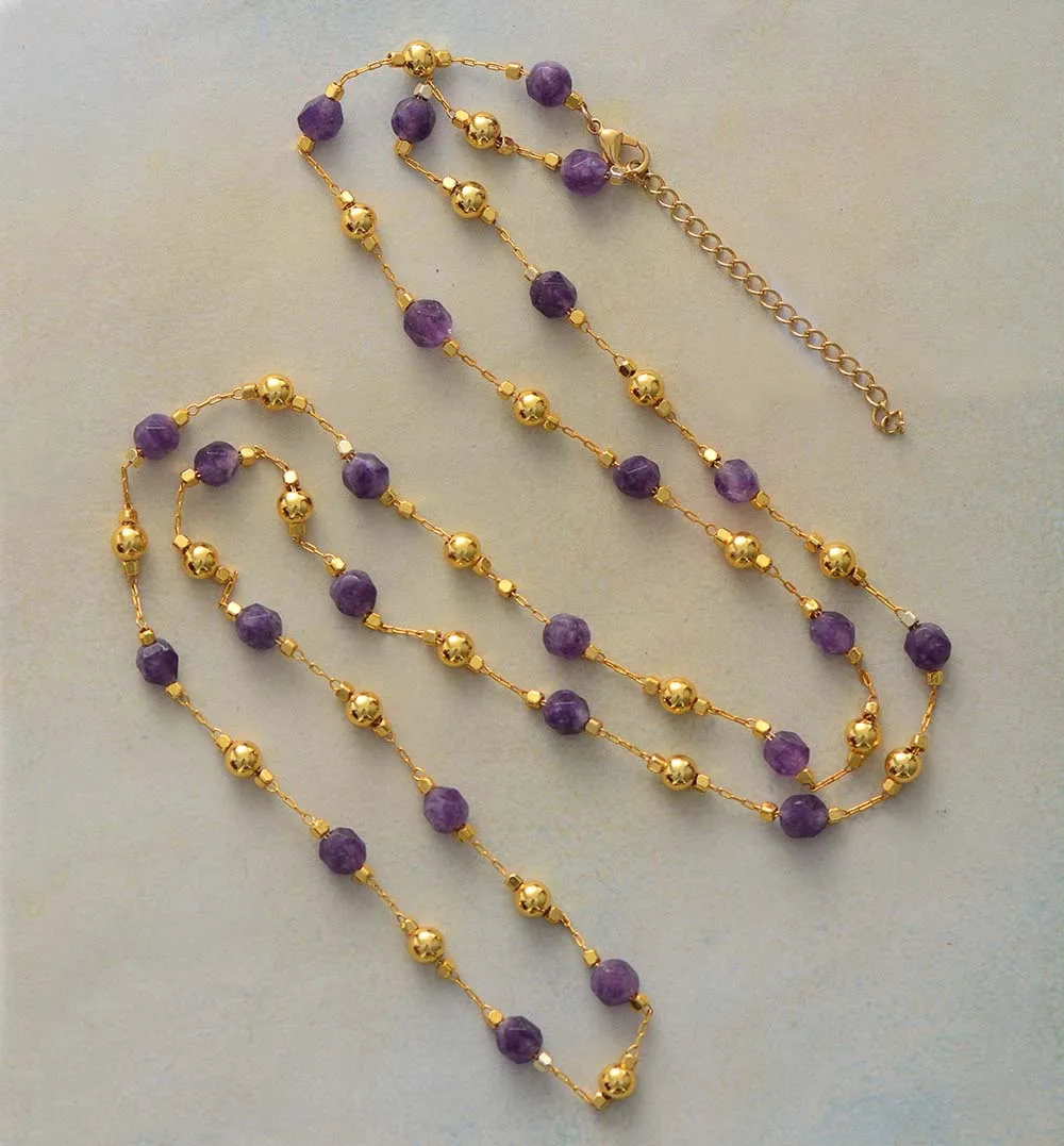 Luxury Natural Stones Amethysts Lariat Necklace Women Exquisite Beaded Simple Layers Necklace Teengirl OL Jewelry Gifts