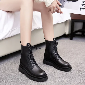

Cowhide round head autumn and winter round head lace up student's versatile black low barrel Knight's short boots
