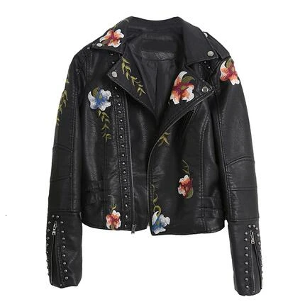 Женский цветочный узор, вышивка, куртка из искусственной мягкой кожи, пальто с отложным воротником, повседневная искусственная кожа, мотоциклетная черная верхняя одежда в стиле панк ZH112 - Цвет: Black
