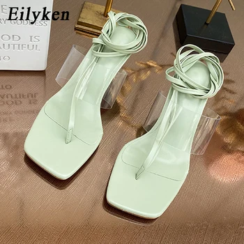 

Eilyken Fashion Clip Toe V-Neck Design Ankle Lace Up Sandals Sexy Square Toe PVC Transparent Strap Jelly Shoes Low Heels Slides